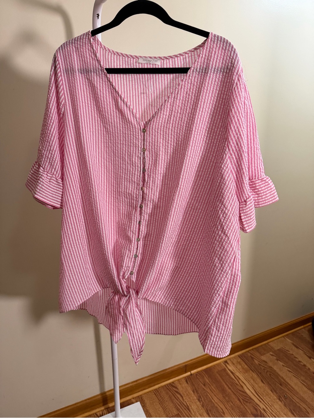 Chic Soul Plus Size tie shirt pink and white stripe ruffle sleeve size 3X